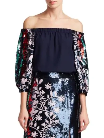 Shop Tanya Taylor Sequined Off-the-shoulder Blouse In Navy