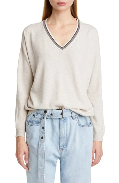 Shop Brunello Cucinelli Monili Trim Cashmere Boyfriend Sweater In White Oyster