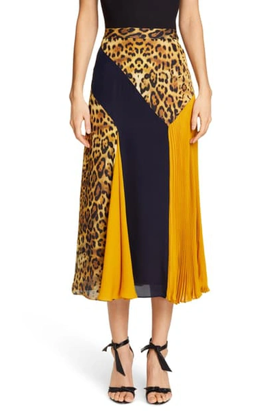 Shop Cushnie Leopard Colorblock Silk Midi Skirt In Tan Leopard/ Navy/ Gold
