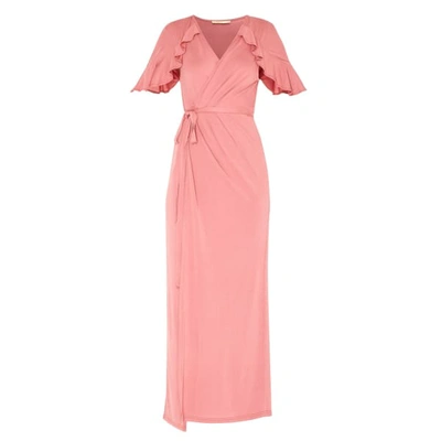 Shop Paisie Maxi Jersey Wrap Dress With Short Frilled Sleeves In Coral