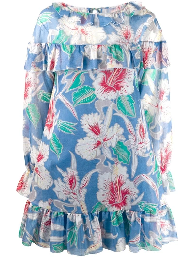 Shop Valentino Ruffle Trim Floral Dress - Blue