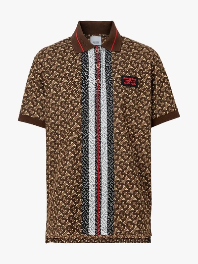 Shop Burberry Monogram Print Stripe Oversized Cotton Polo Shirt In Brown