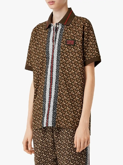 Shop Burberry Monogram Print Stripe Oversized Cotton Polo Shirt In Brown