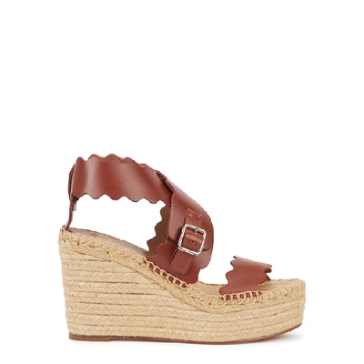 Shop Chloé Brown 100 Scalloped Leather Wedge Sandals