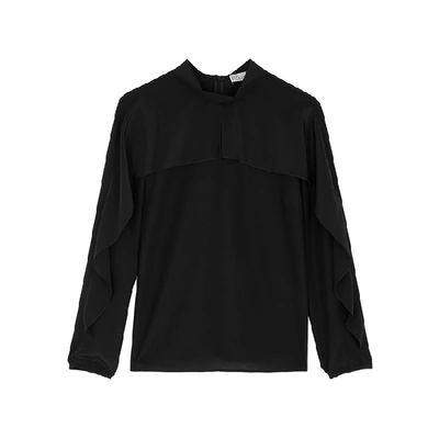 Shop Red Valentino Black Ruffle-trimmed Silk Top