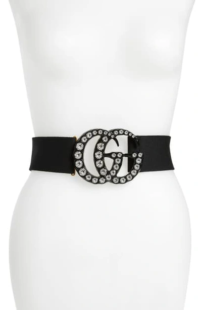 Shop Gucci Gg Marmont Crystal Buckle Stretch Belt In Nero/ Crystal