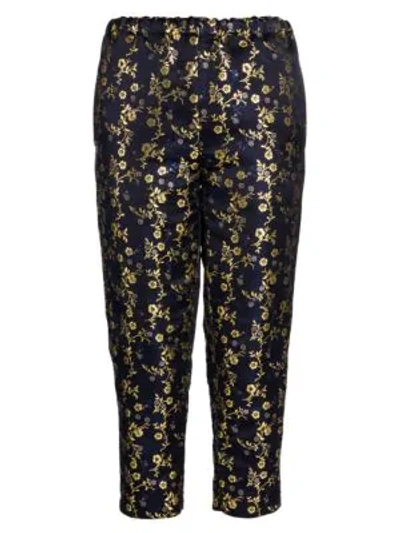 Shop Marni Floral Jacquard Silk Elastic Pants In Night Blue
