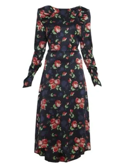 Shop Magda Butrym Ruched Floral Silk Midi Dress In Navy