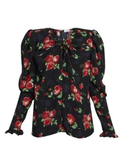 Shop Magda Butrym Ruched Floral Silk Bow Blouse In Navy