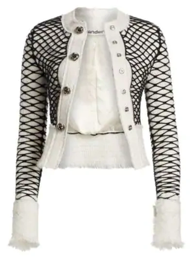 Shop Alexander Wang Tweed Fishnet Frayed-edge Jacket In Ivory