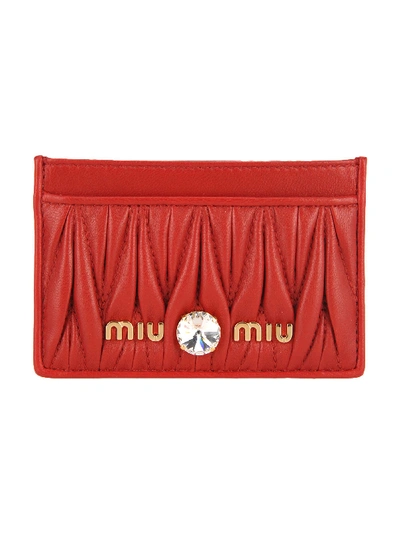Shop Miu Miu Matelassé Leather Card Holder In Red