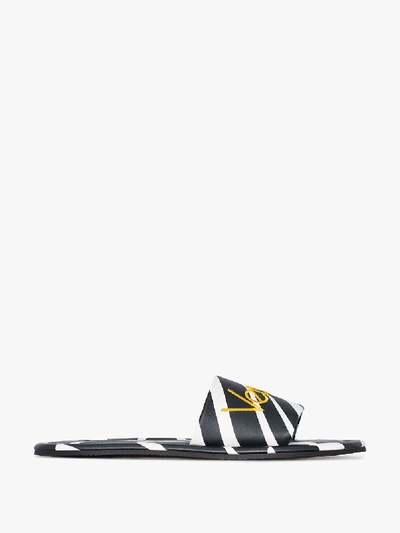 Shop Versace Black And White Logo Embroidered Leather Zebra Slides