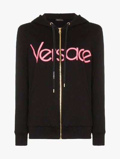 Shop Versace Zipped Logo Hoodie In Black