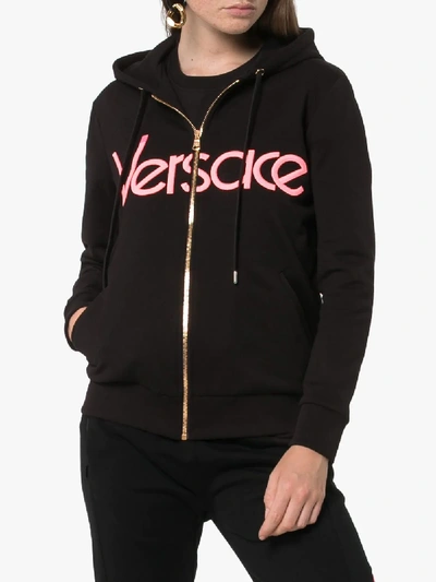 Shop Versace Zipped Logo Hoodie In Black