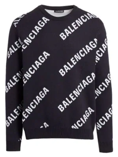 Shop Balenciaga Logo Crewneck Sweater In Navy White