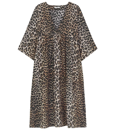 Shop Ganni Cotton Silk Short Dress In Leopard