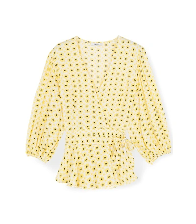 Shop Ganni Printed Crepe Wrap Top In Maize In Yellow