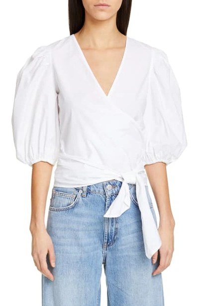 Shop Ganni Cotton Poplin Wrap Blouse In Bright White