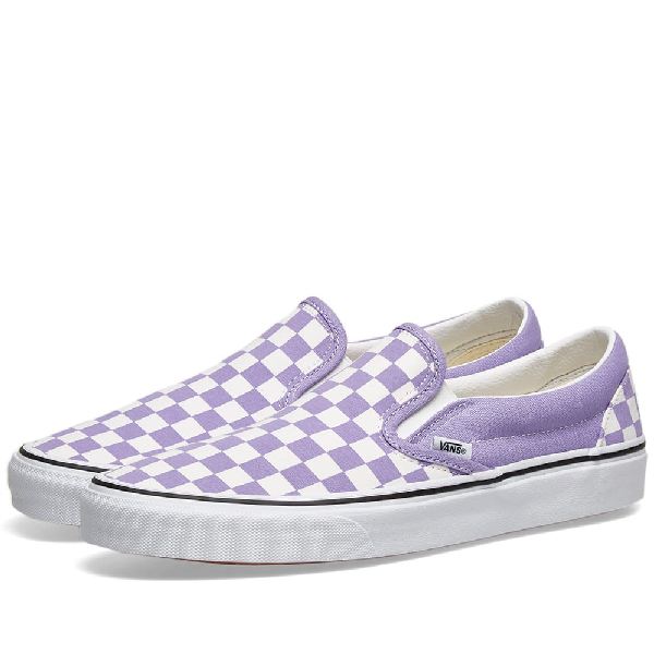 purple checkerboard vans slip on