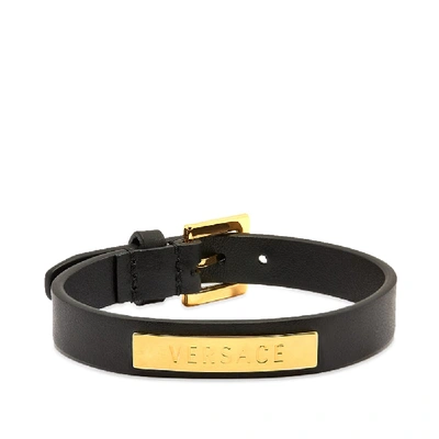 Shop Versace Leather Logo Bracelet In Black