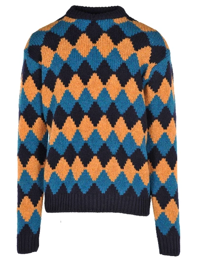 Shop Prada Handmade Diamond Jumper In Blue + Turquoise + Ocher