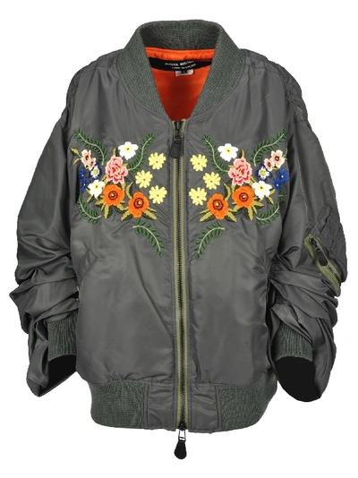 Shop Junya Watanabe Oversized Floral Embroidered Bomber Jacket In Sage Green