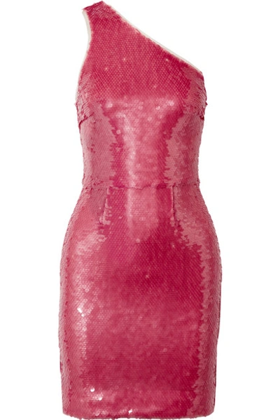 Shop Haney Serena One-shoulder Sequined Tulle Mini Dress In Pink