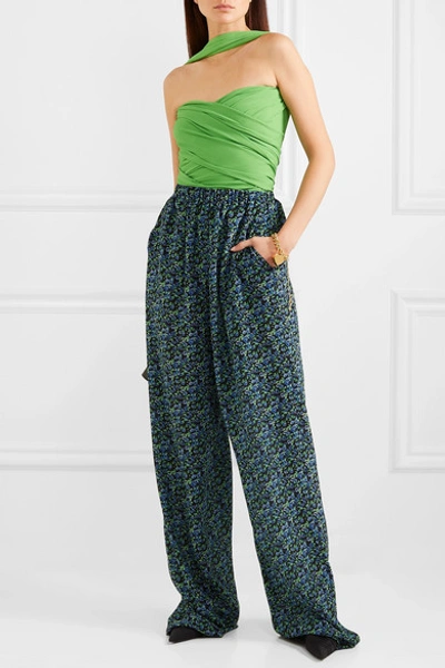 Shop Balenciaga Floral-print Silk-crepe Wide-leg Pants In Blue