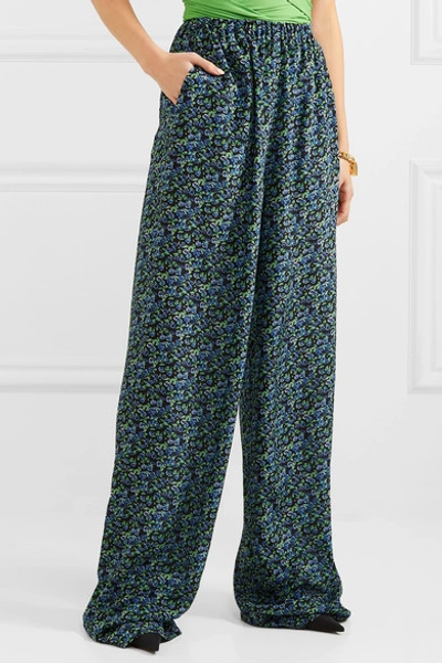 Shop Balenciaga Floral-print Silk-crepe Wide-leg Pants In Blue
