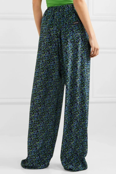 Shop Balenciaga Floral-print Silk-crepe Wide-leg Pants In Blue
