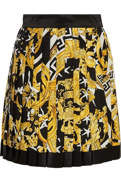 Shop Versace Pleated Printed Silk-twill Mini Skirt In Yellow