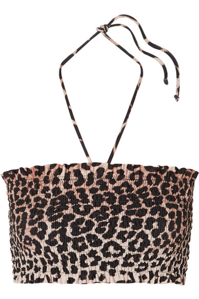 Shop Ganni Shirred Leopard-print Bandeau Bikini Top In Leopard Print