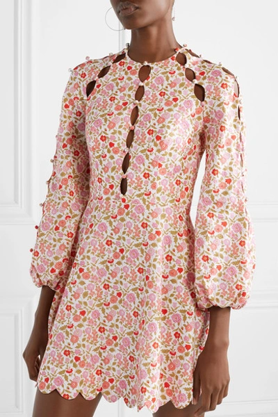 Shop Zimmermann Goldie Cutout Floral-print Linen And Cotton-blend Mini Dress In Antique Rose