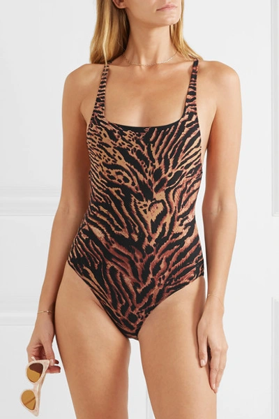 Shop Ganni Tiger-print Swimsuit In Brown