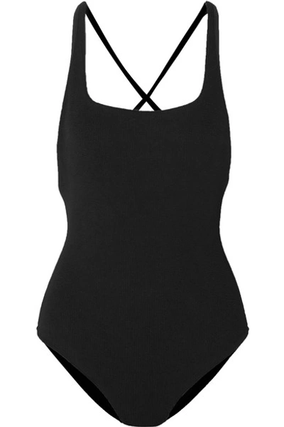 Shop Ganni Seersucker Swimsuit In Black