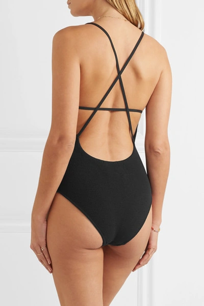 Shop Ganni Seersucker Swimsuit In Black