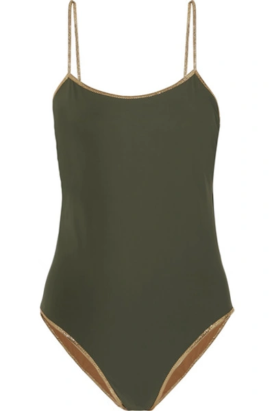 Shop Tooshie Reversible Lurex-trimmed Swimsuit In Forest Green