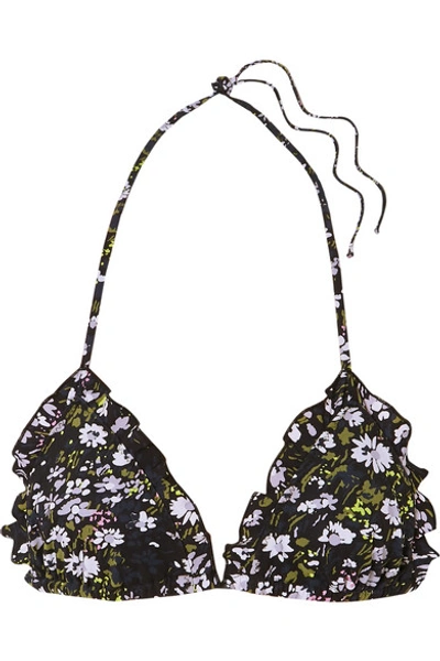 Shop Ganni Ruffled Floral-print Triangle Bikini Top In Black