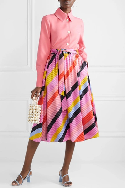 Shop Stine Goya Audrey Striped Silk-jacquard Midi Skirt In Pink