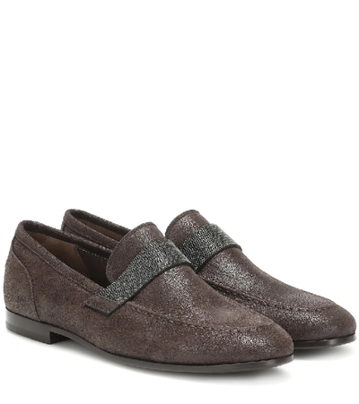 Shop Brunello Cucinelli Embellished Leather Loafers In Brown