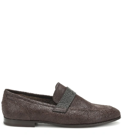 Shop Brunello Cucinelli Embellished Leather Loafers In Brown