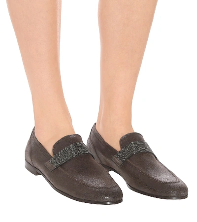 Shop Brunello Cucinelli Embellished Leather Loafers In Brown