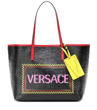 Shop Versace Logo Leather Tote In Black