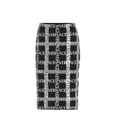 Shop Versace Logo Stretch-cotton Pencil Skirt In Black