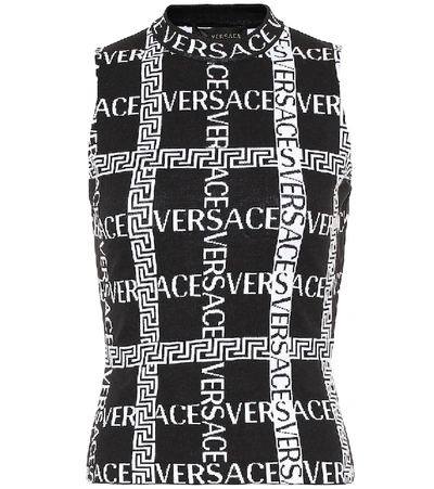 Shop Versace Logo Stretch-cotton Sleeveless Top In Black