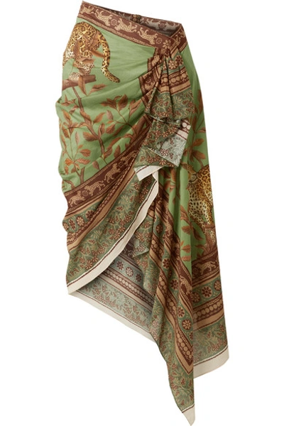 Shop Johanna Ortiz Sheer Magnitude Wrap-effect Ruffled Printed Cotton-voile Midi Skirt In Light Green