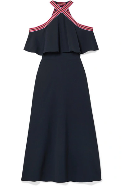 Shop Lela Rose Cold-shoulder Grosgrain-trimmed Ruffled Crepe Midi Dress In Navy
