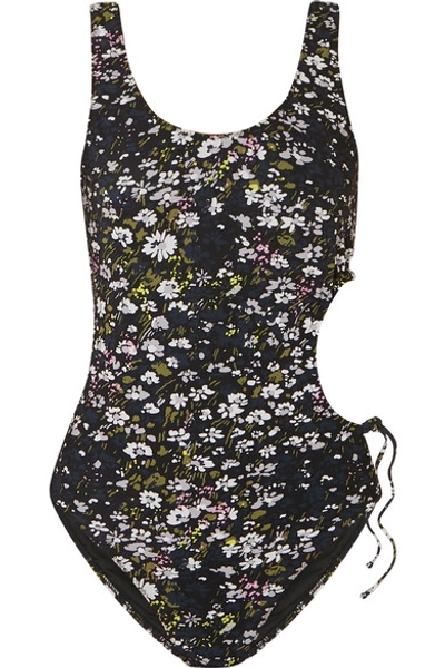Shop Ganni Cutout Floral-print Swimsuit In Black