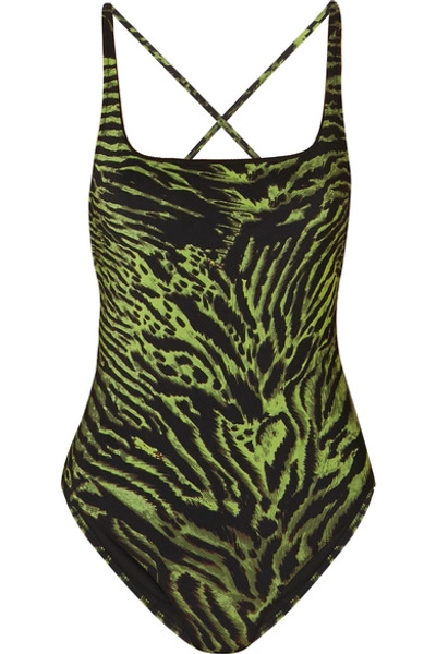 Shop Ganni Tiger-print Swimsuit In Green