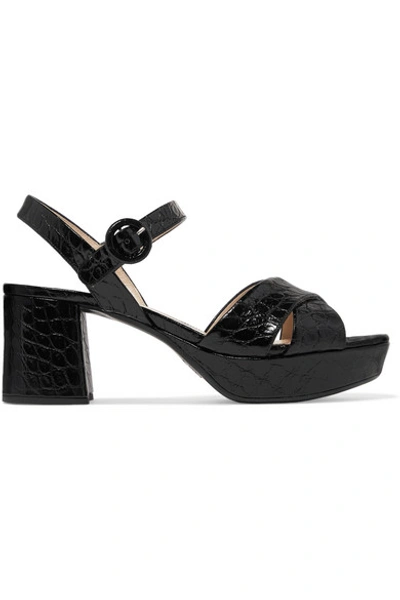 Shop Prada 65 Croc-effect Leather Platform Sandals In Black